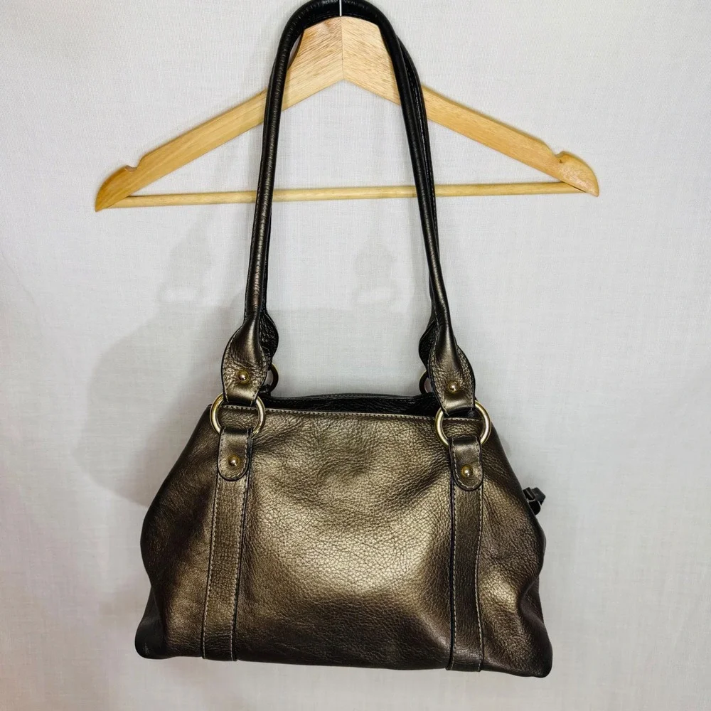 Metallic Bronze Pebbled Leather Shoulder Bag Satchel Gold Hardware Triple Pocket